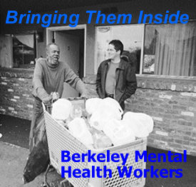 Formerly homeless person with a shoping cart filled with plastic to recylcle talks with homelss outreach worker infront  of a hotel room.
