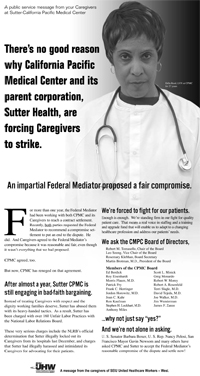newspaper ad Nurse looking distraught, at Sutter Health's treatement of workers